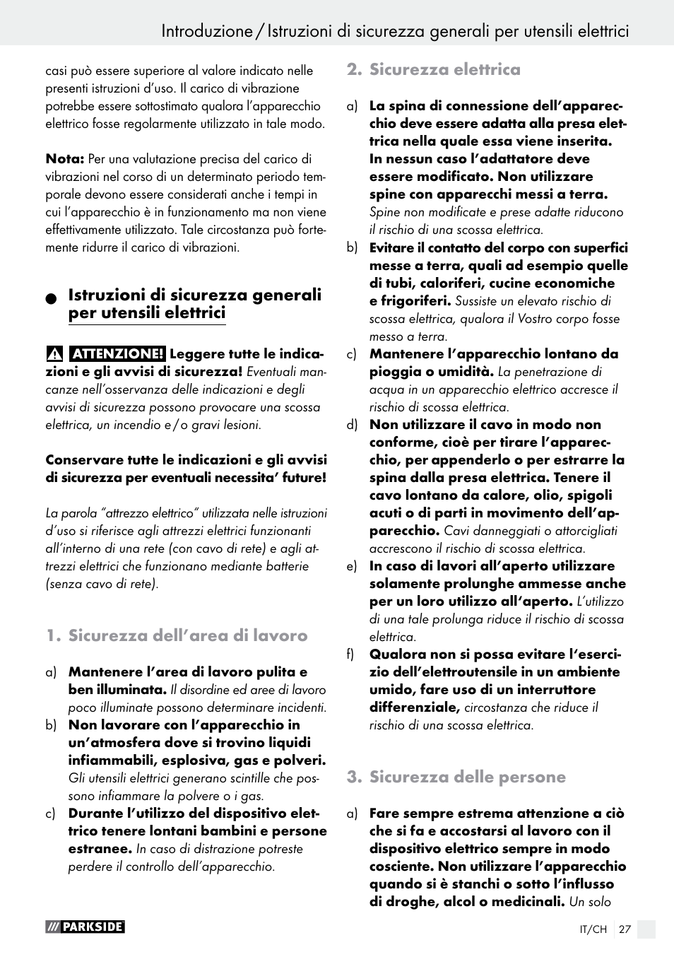 Introduzione, Sicurezza dell’area di lavoro, Sicurezza elettrica | Sicurezza delle persone | Parkside PFS 100 C3 User Manual | Page 27 / 43