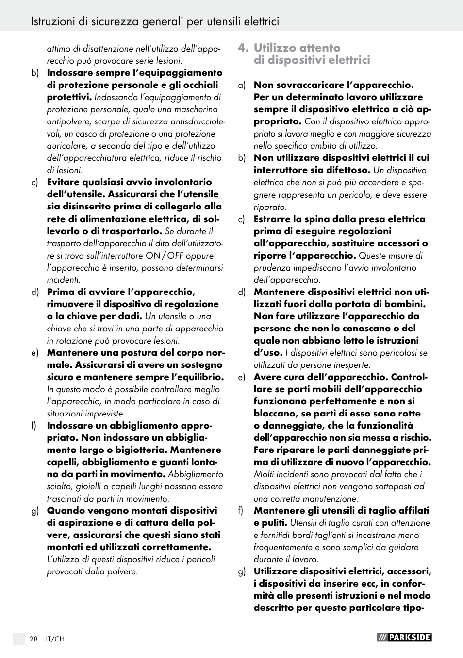 Utilizzo attento di dispositivi elettrici | Parkside PFS 100 C3 User Manual | Page 28 / 43