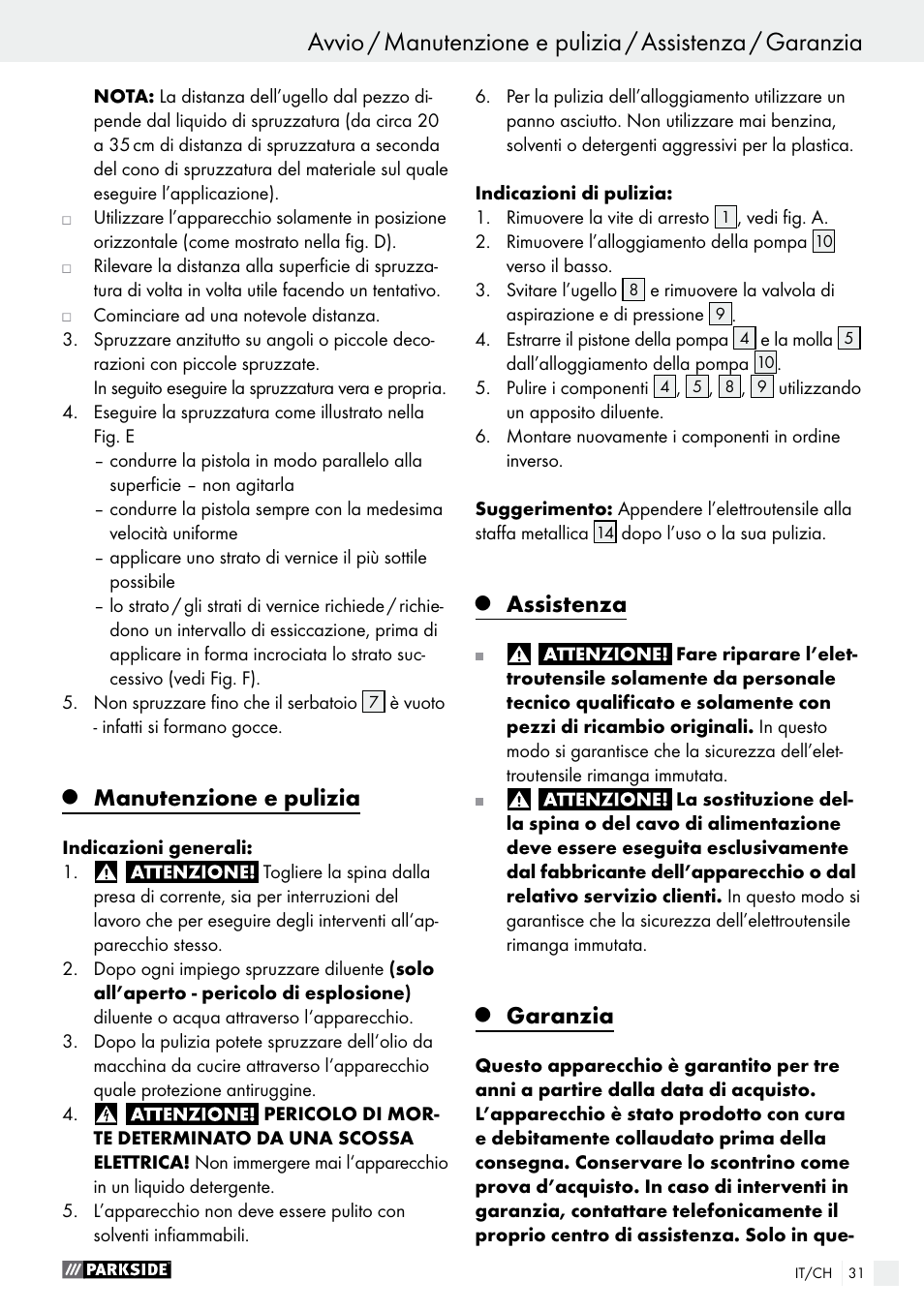 Manutenzione e pulizia, Assistenza, Garanzia | Parkside PFS 100 C3 User Manual | Page 31 / 43