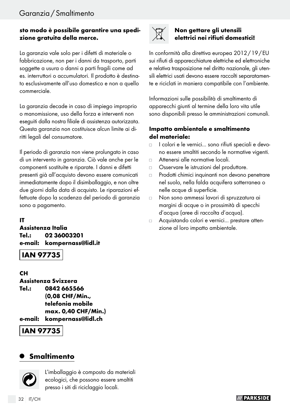 Garanzia / smaltimento, Smaltimento | Parkside PFS 100 C3 User Manual | Page 32 / 43