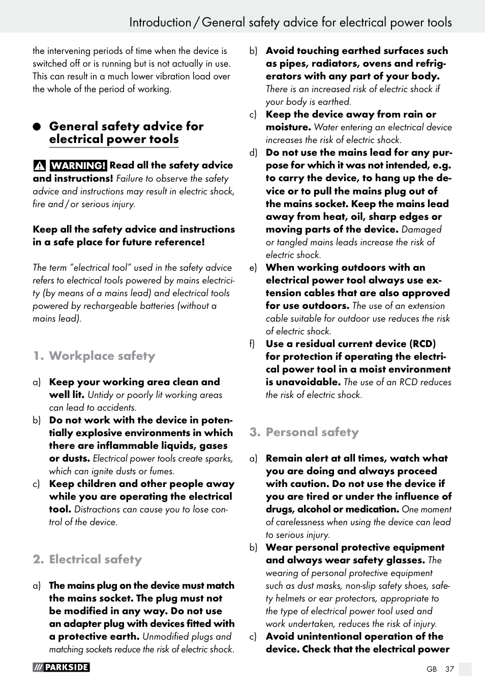 General safety advice for electrical power tools, Workplace safety, Electrical safety | Personal safety | Parkside PFS 100 C3 User Manual | Page 37 / 43