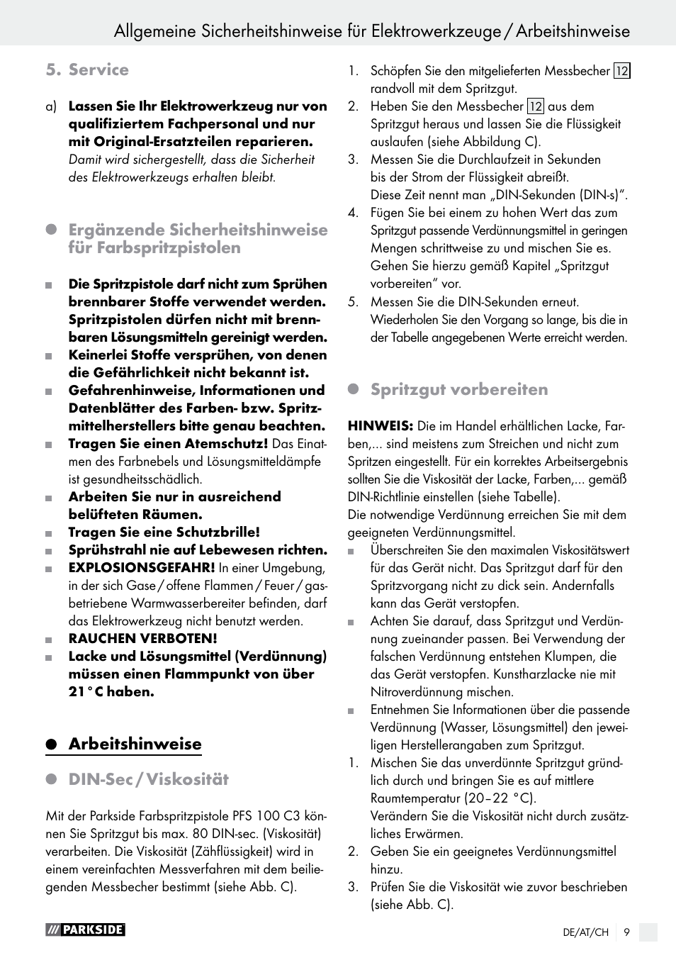 Service, Arbeitshinweise din-sec / viskosität, Spritzgut vorbereiten | Parkside PFS 100 C3 User Manual | Page 9 / 43