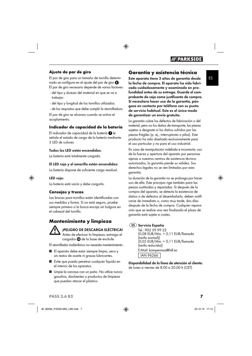 Mantenimiento y limpieza, Garantía y asistencia técnica | Parkside PASS 3.6 B2 User Manual | Page 10 / 44