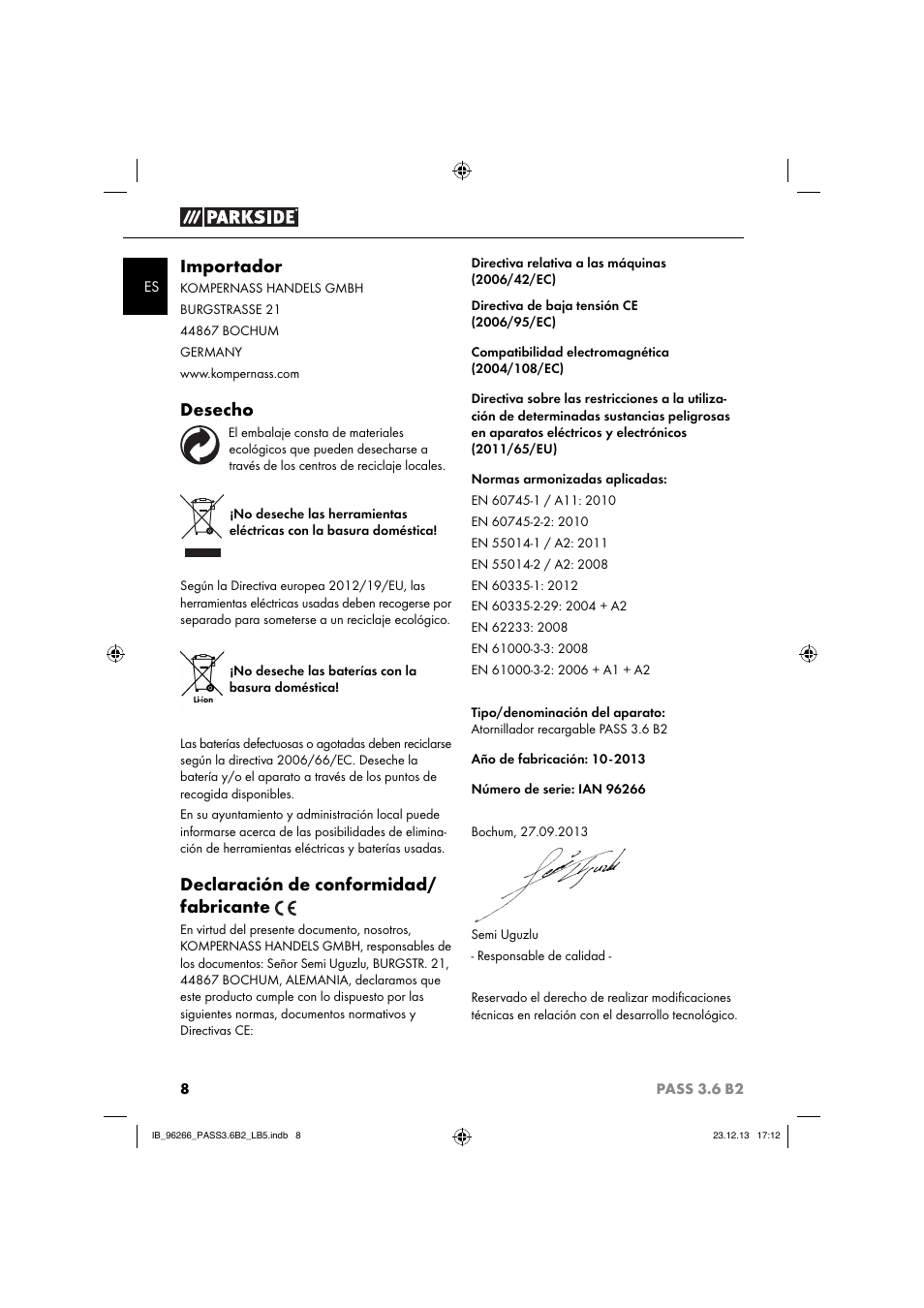 Importador, Desecho, Declaración de conformidad/ fabricante | Parkside PASS 3.6 B2 User Manual | Page 11 / 44