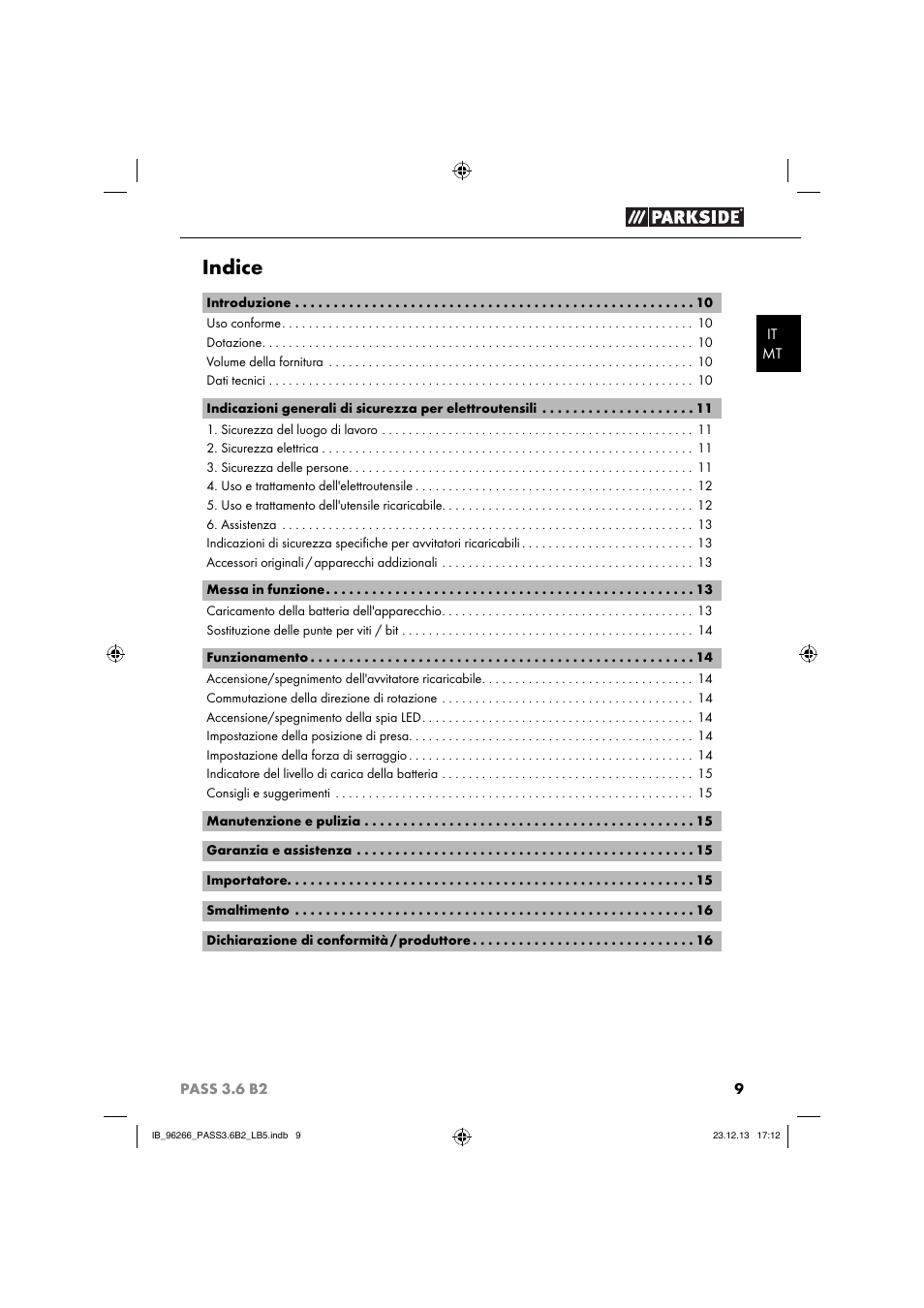 Indice | Parkside PASS 3.6 B2 User Manual | Page 12 / 44