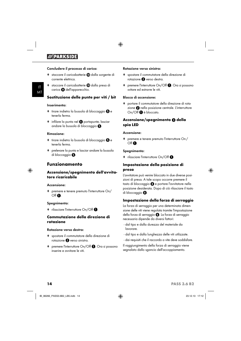 Funzionamento | Parkside PASS 3.6 B2 User Manual | Page 17 / 44