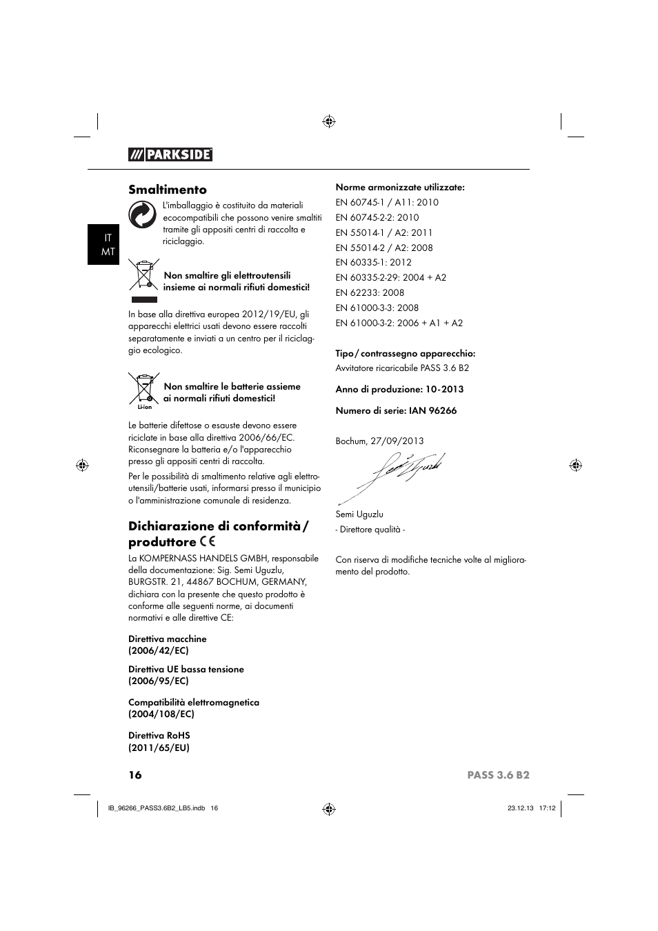 Smaltimento, Dichiarazione di conformità / produttore | Parkside PASS 3.6 B2 User Manual | Page 19 / 44