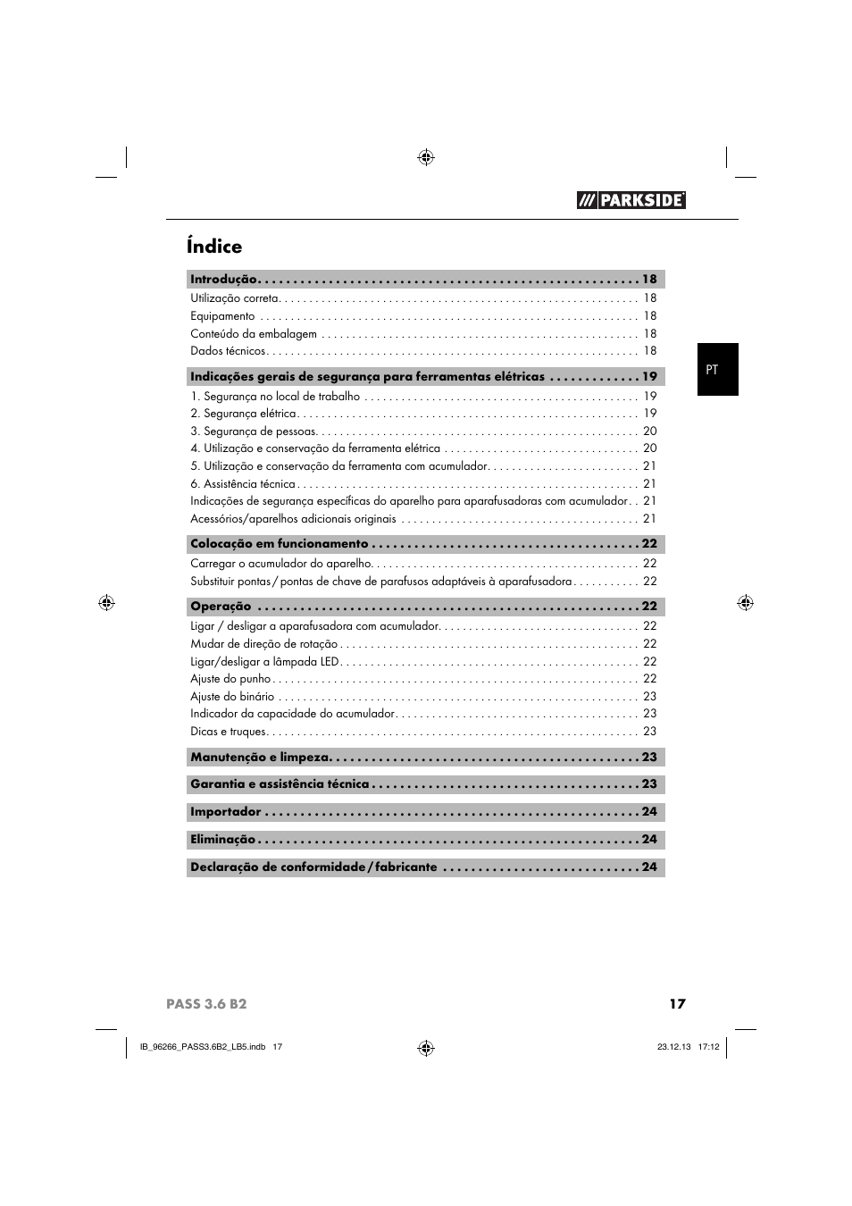 Índice | Parkside PASS 3.6 B2 User Manual | Page 20 / 44