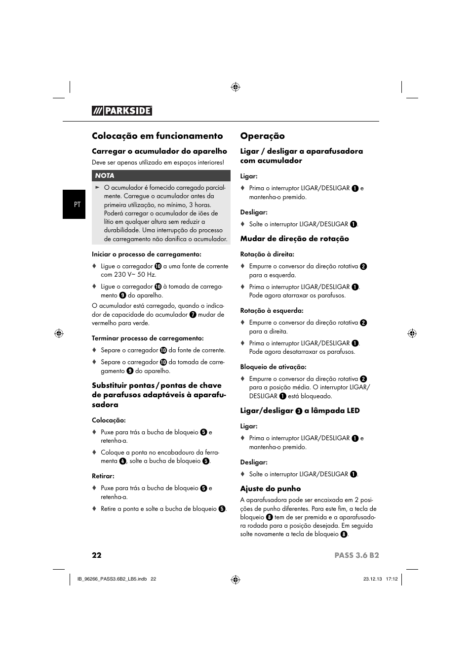 Colocação em funcionamento, Operação | Parkside PASS 3.6 B2 User Manual | Page 25 / 44