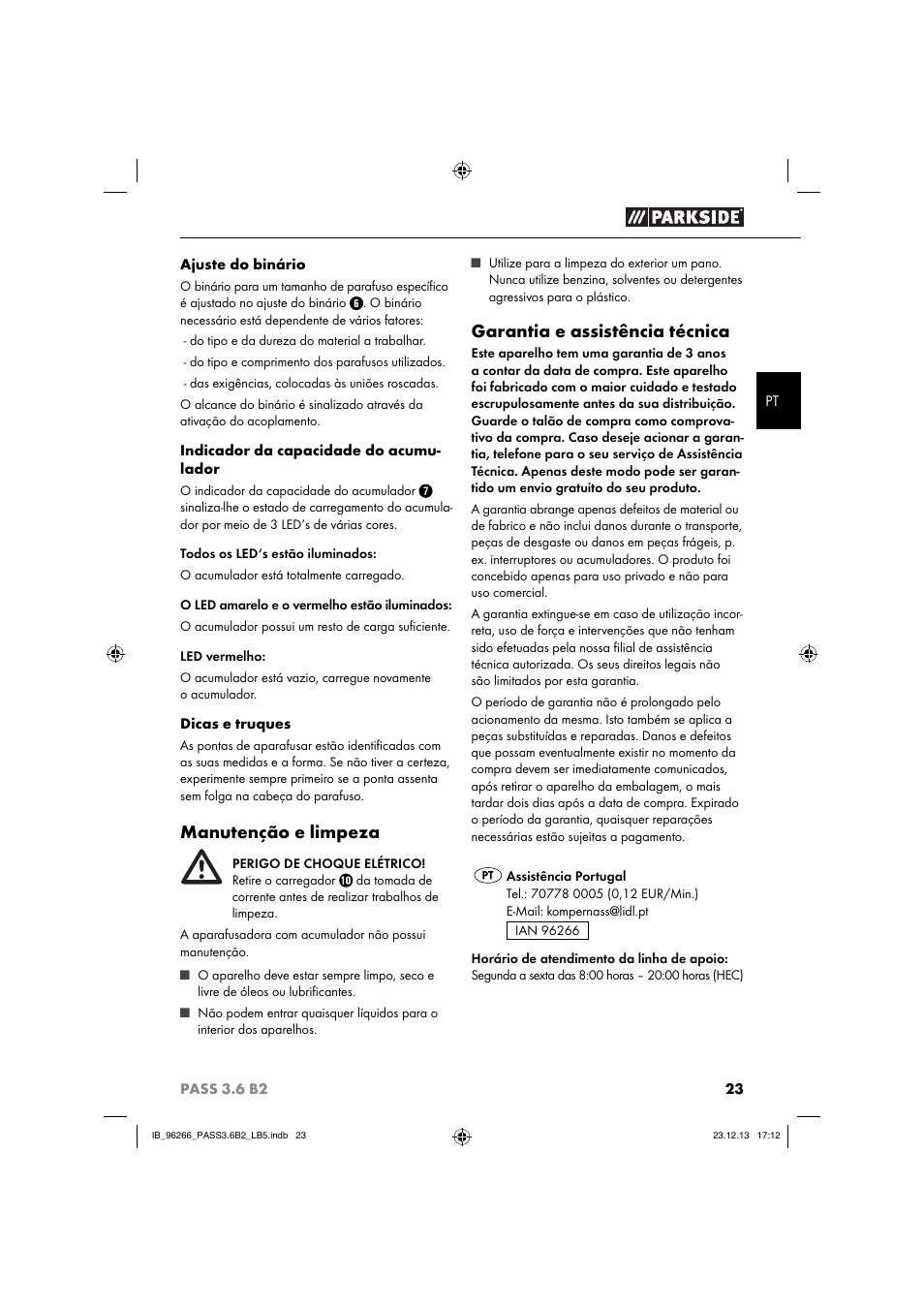 Manutenção e limpeza, Garantia e assistência técnica | Parkside PASS 3.6 B2 User Manual | Page 26 / 44