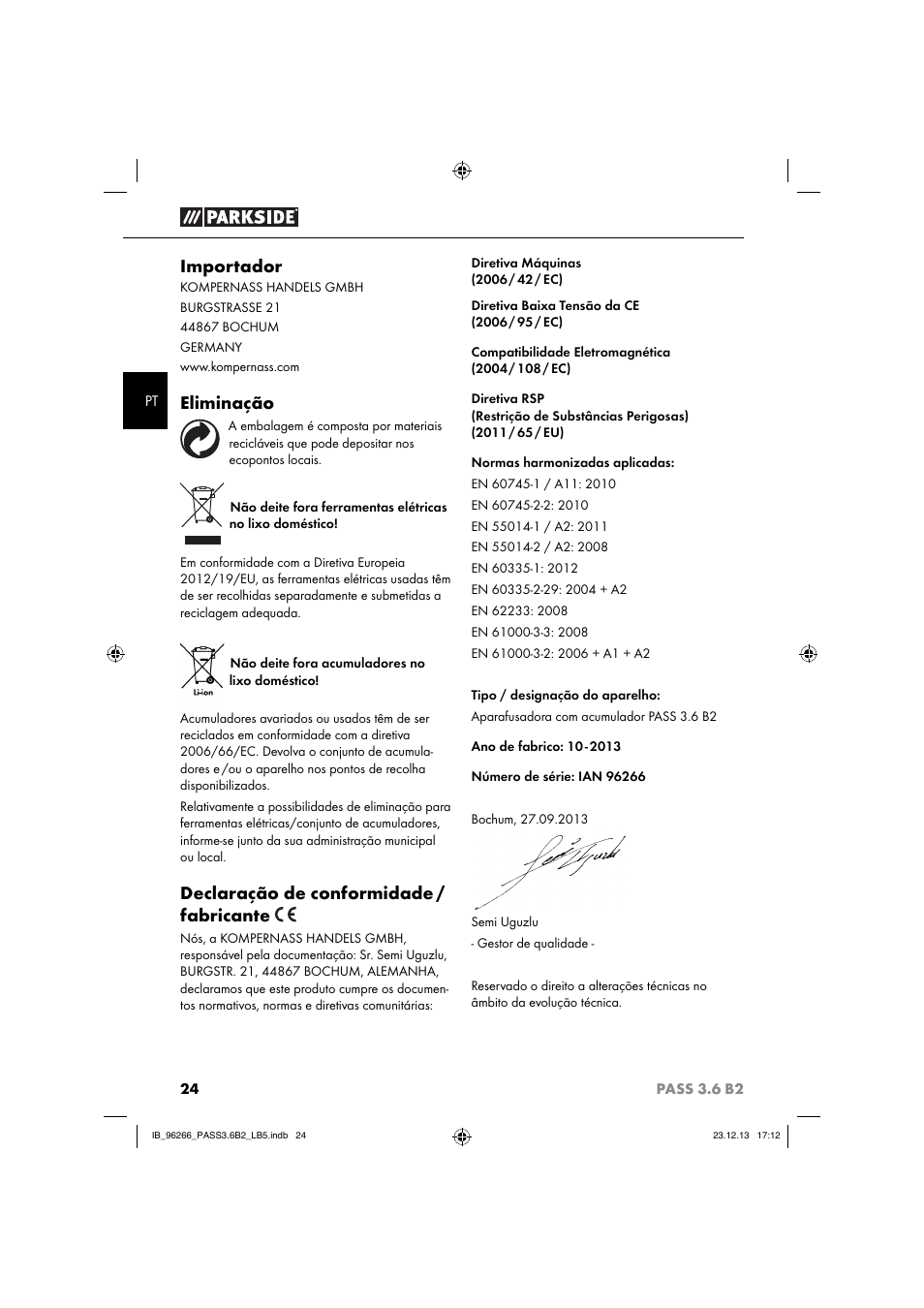 Importador, Eliminação, Declaração de conformidade / fabricante | Parkside PASS 3.6 B2 User Manual | Page 27 / 44