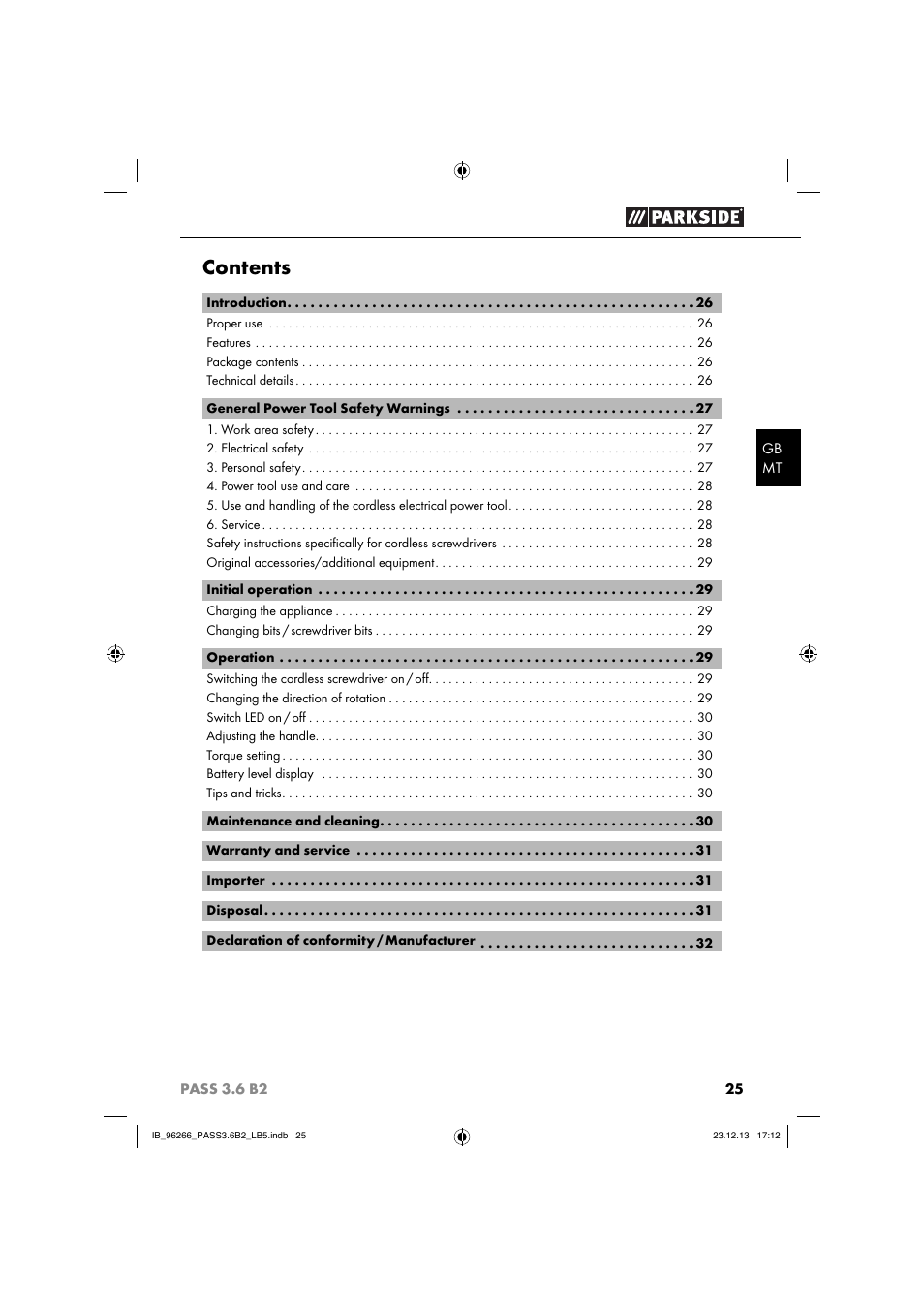 Parkside PASS 3.6 B2 User Manual | Page 28 / 44