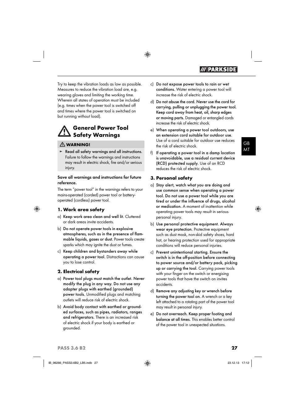 General power tool safety warnings | Parkside PASS 3.6 B2 User Manual | Page 30 / 44