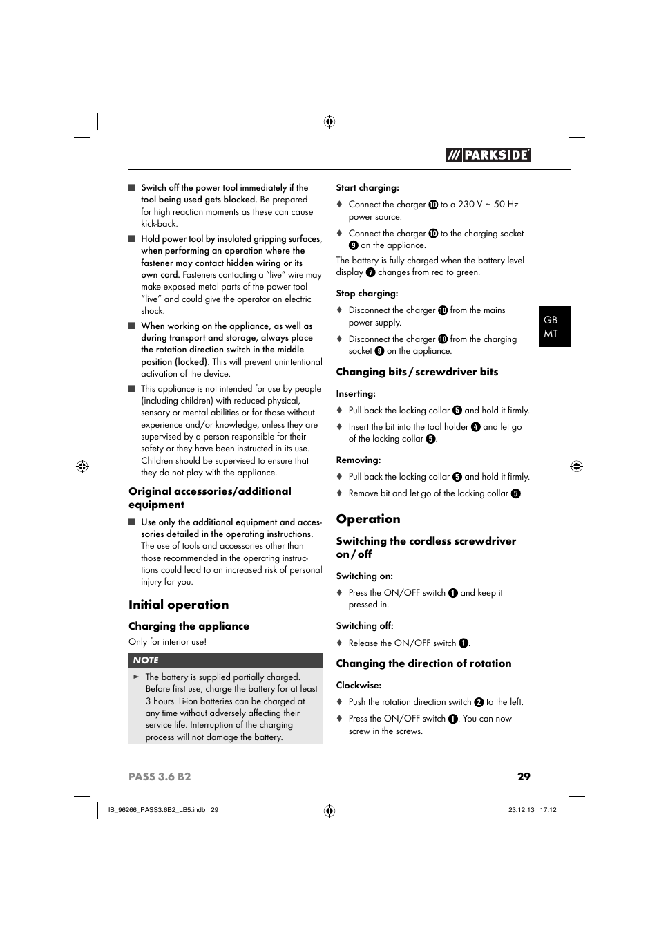 Initial operation, Operation | Parkside PASS 3.6 B2 User Manual | Page 32 / 44