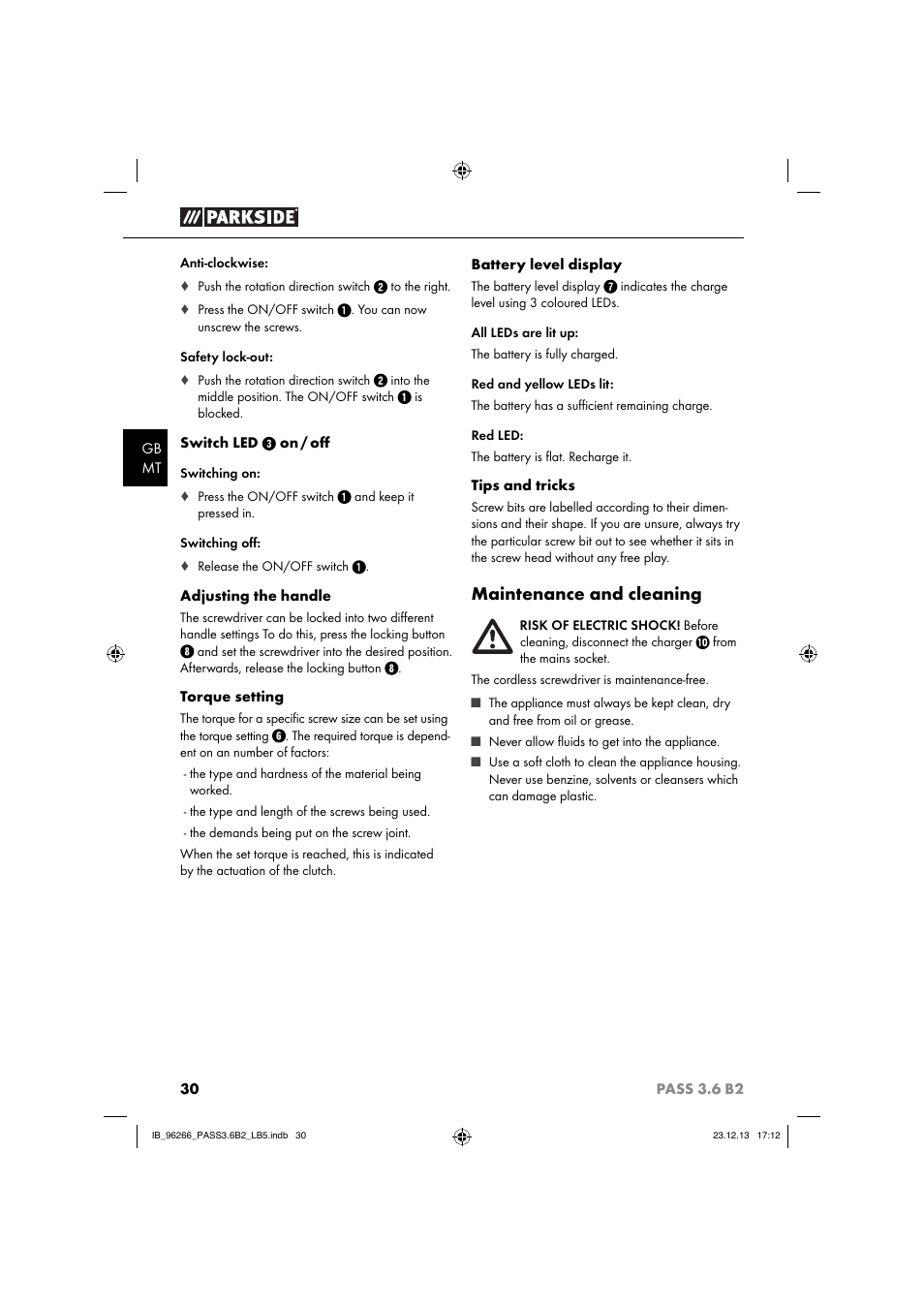 Maintenance and cleaning | Parkside PASS 3.6 B2 User Manual | Page 33 / 44