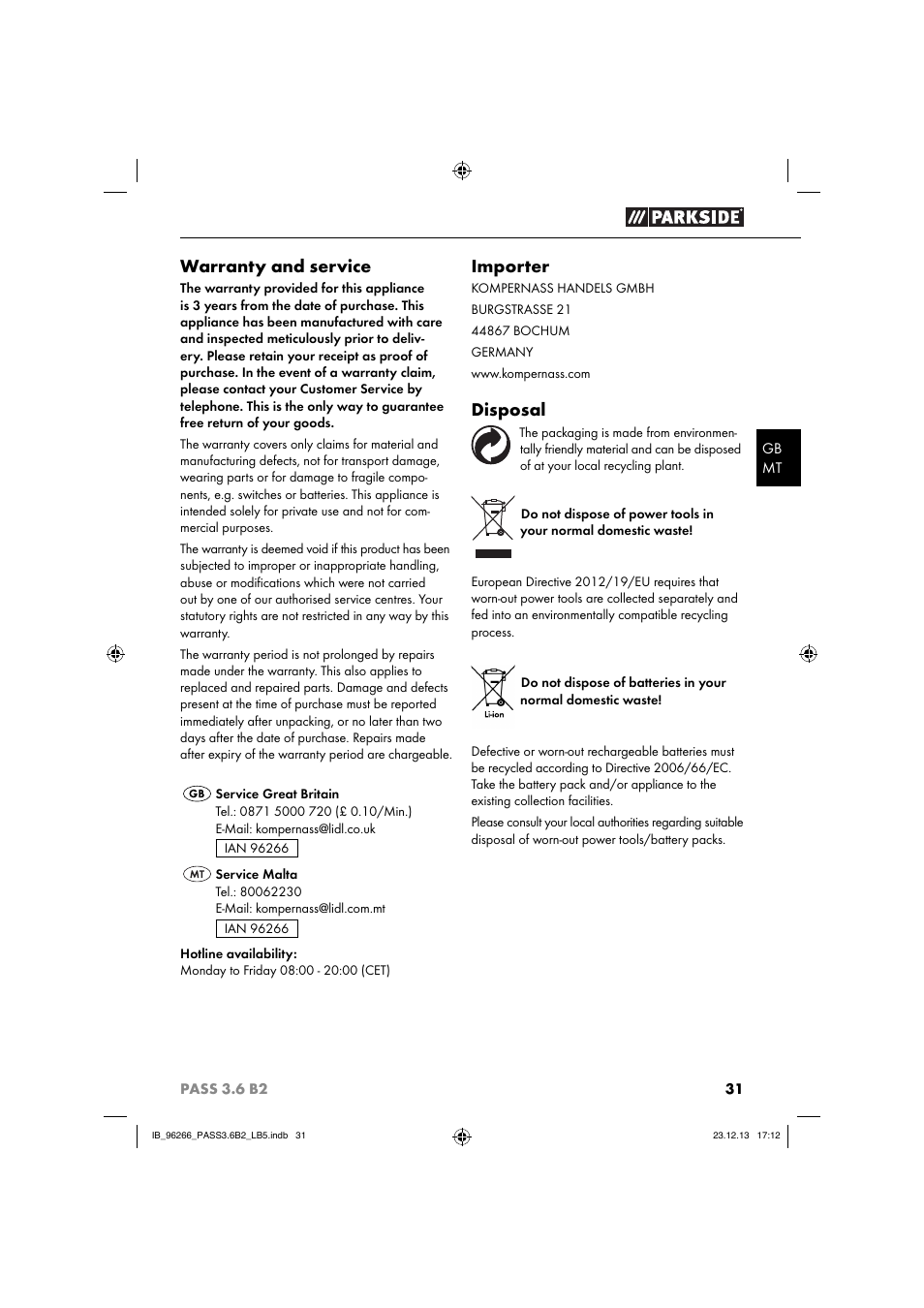 Warranty and service, Importer, Disposal | Parkside PASS 3.6 B2 User Manual | Page 34 / 44