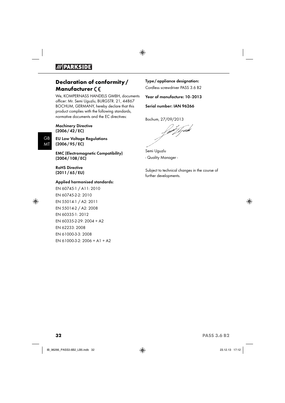 Declaration of conformity / manufacturer | Parkside PASS 3.6 B2 User Manual | Page 35 / 44