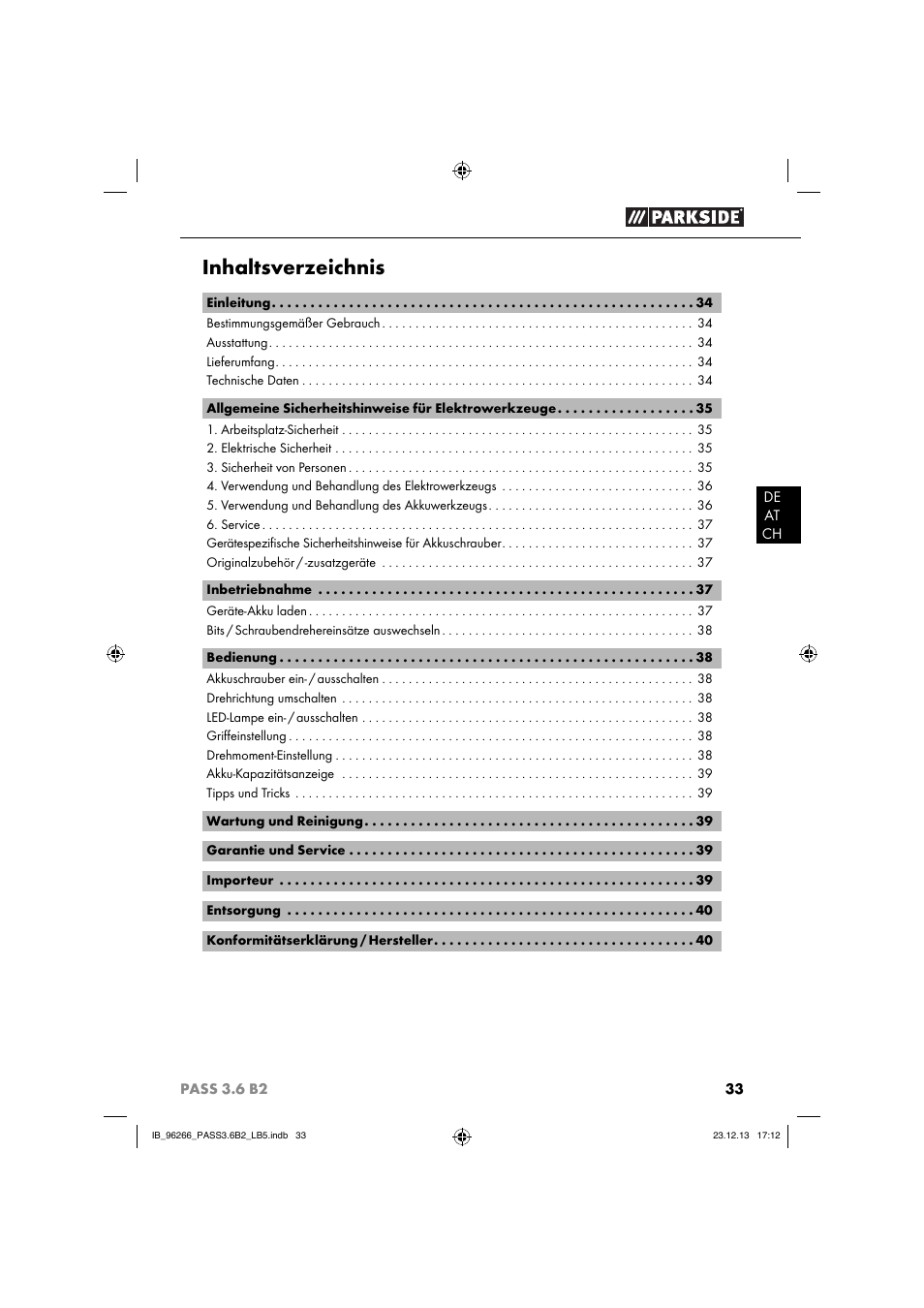 Parkside PASS 3.6 B2 User Manual | Page 36 / 44