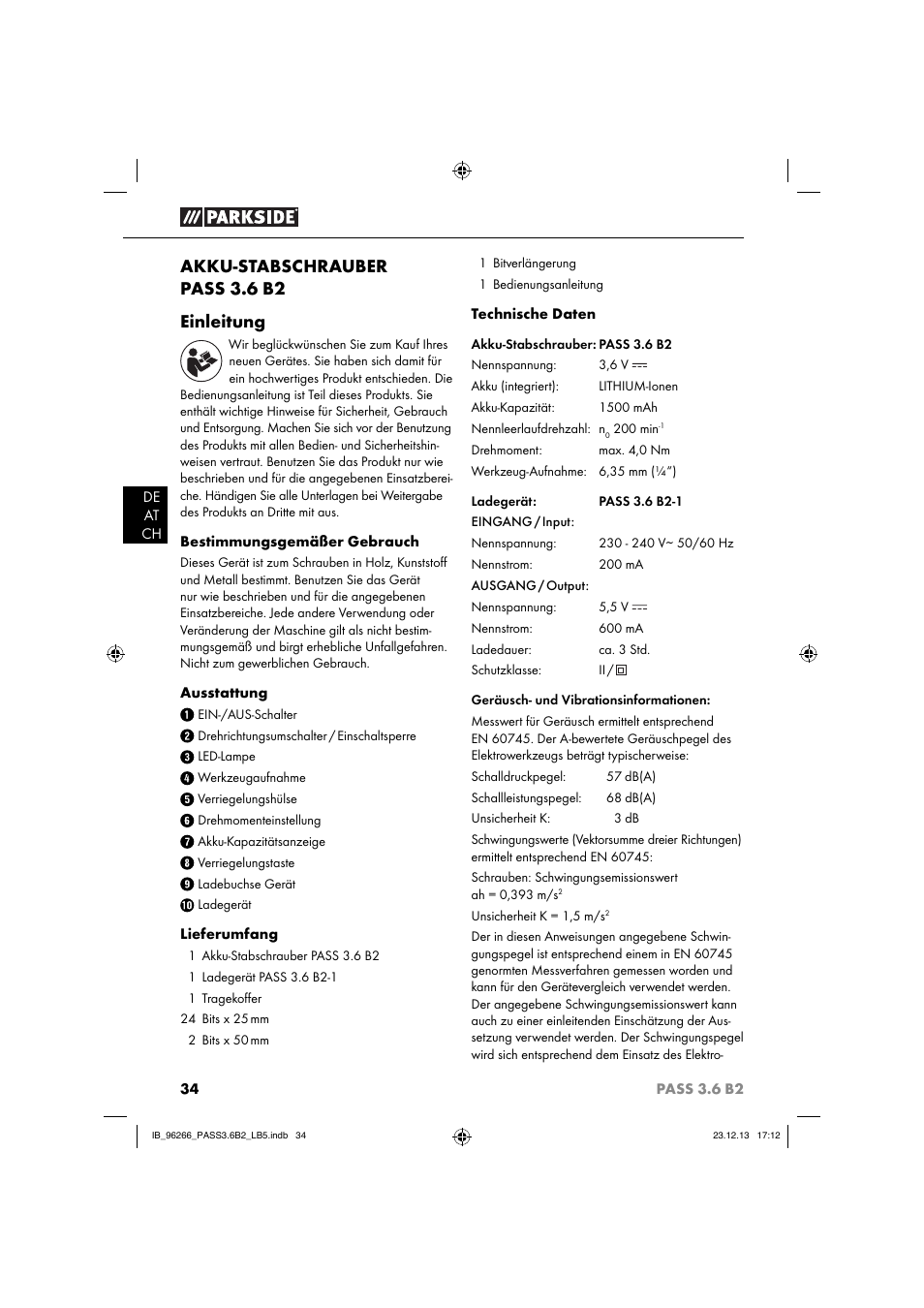 Akku-stabschrauber pass 3.6 b2 einleitung | Parkside PASS 3.6 B2 User Manual | Page 37 / 44