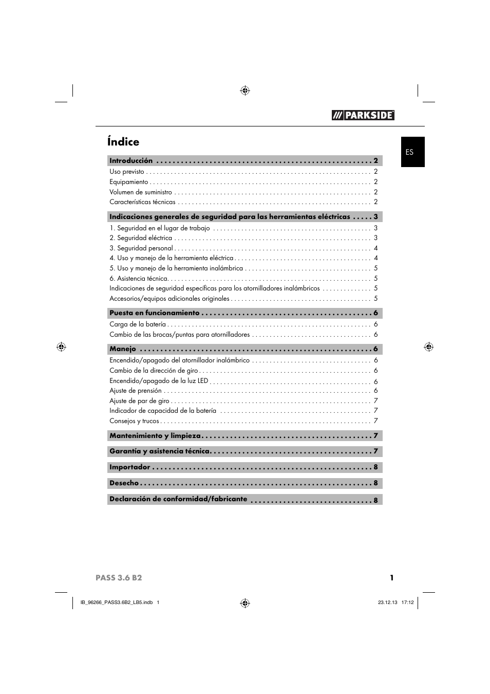 Índice | Parkside PASS 3.6 B2 User Manual | Page 4 / 44