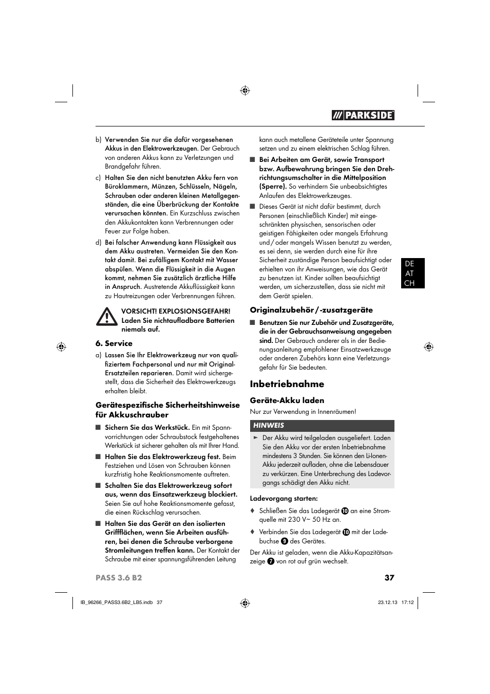 Inbetriebnahme | Parkside PASS 3.6 B2 User Manual | Page 40 / 44