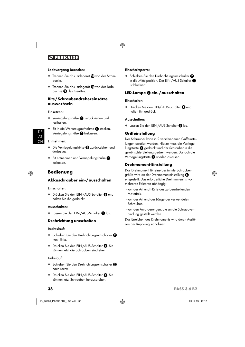 Bedienung | Parkside PASS 3.6 B2 User Manual | Page 41 / 44