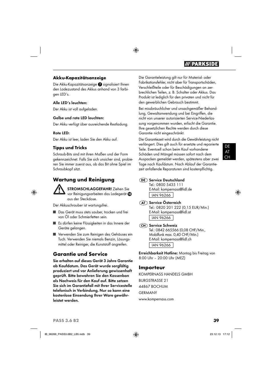 Wartung und reinigung, Garantie und service, Importeur | Parkside PASS 3.6 B2 User Manual | Page 42 / 44