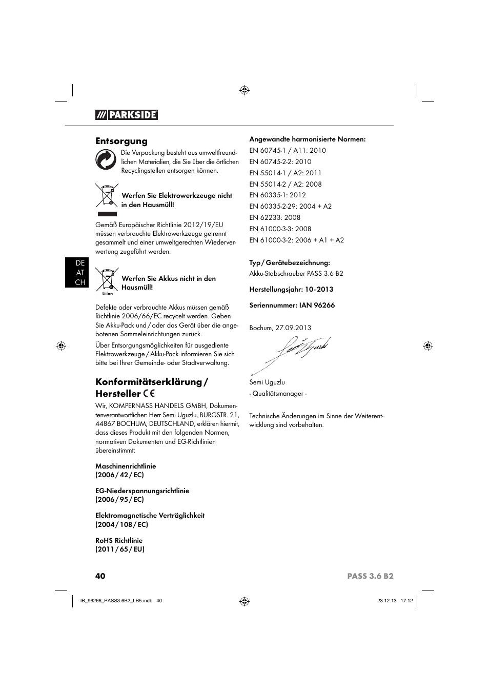 Entsorgung, Konformitätserklärung / hersteller | Parkside PASS 3.6 B2 User Manual | Page 43 / 44