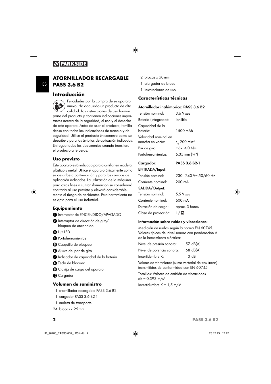 Atornillador recargable pass 3.6 b2 introducción | Parkside PASS 3.6 B2 User Manual | Page 5 / 44