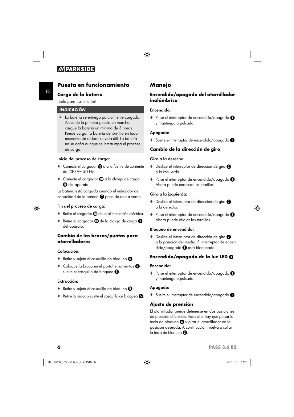 Puesta en funcionamiento, Manejo | Parkside PASS 3.6 B2 User Manual | Page 9 / 44