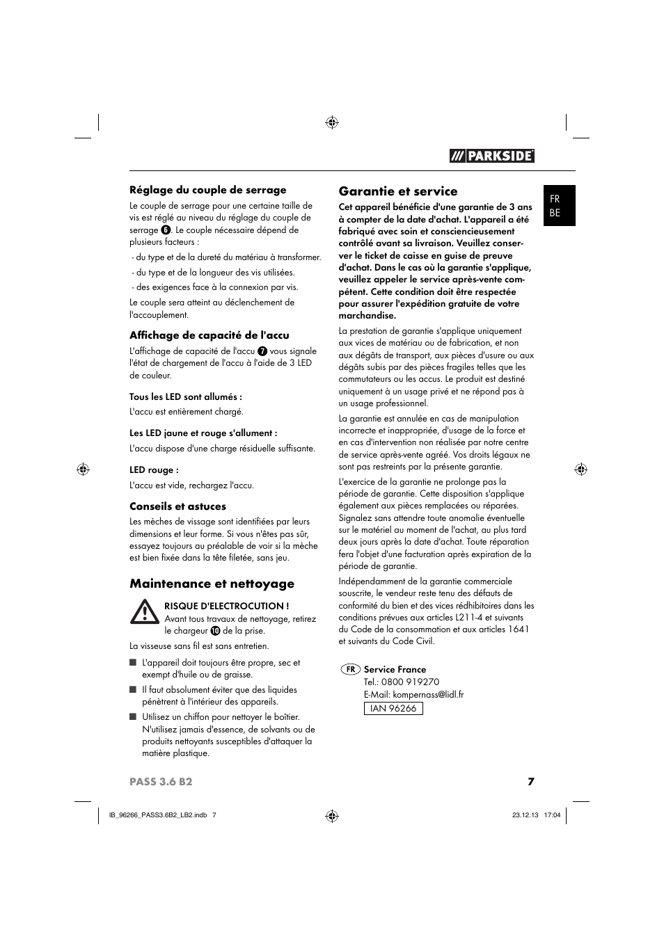 Maintenance et nettoyage, Garantie et service | Parkside PASS 3.6 B2 User Manual | Page 10 / 28
