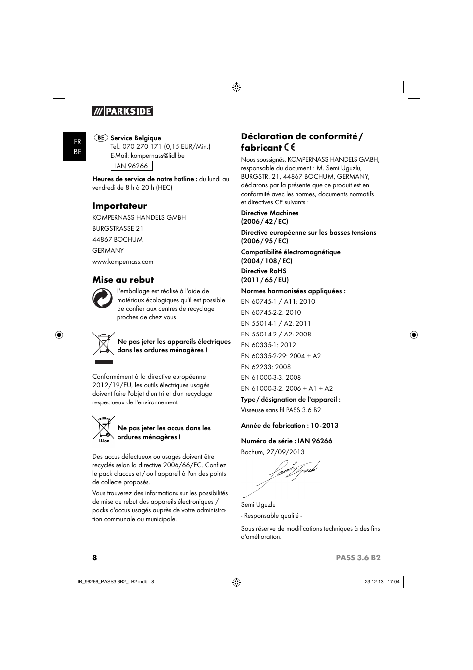 Importateur, Mise au rebut, Déclaration de conformité / fabricant | Parkside PASS 3.6 B2 User Manual | Page 11 / 28