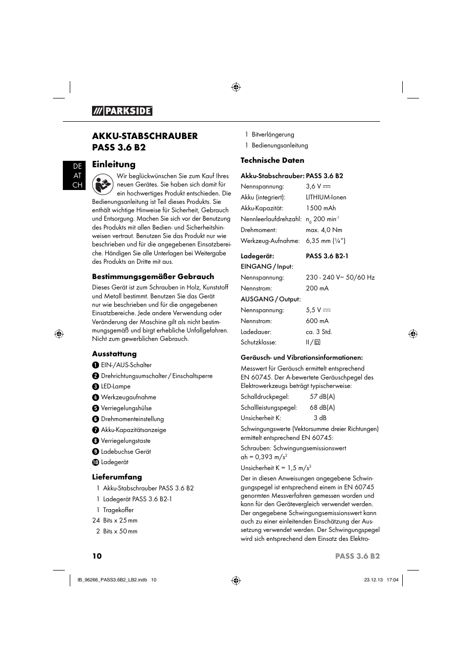 Akku-stabschrauber pass 3.6 b2 einleitung | Parkside PASS 3.6 B2 User Manual | Page 13 / 28