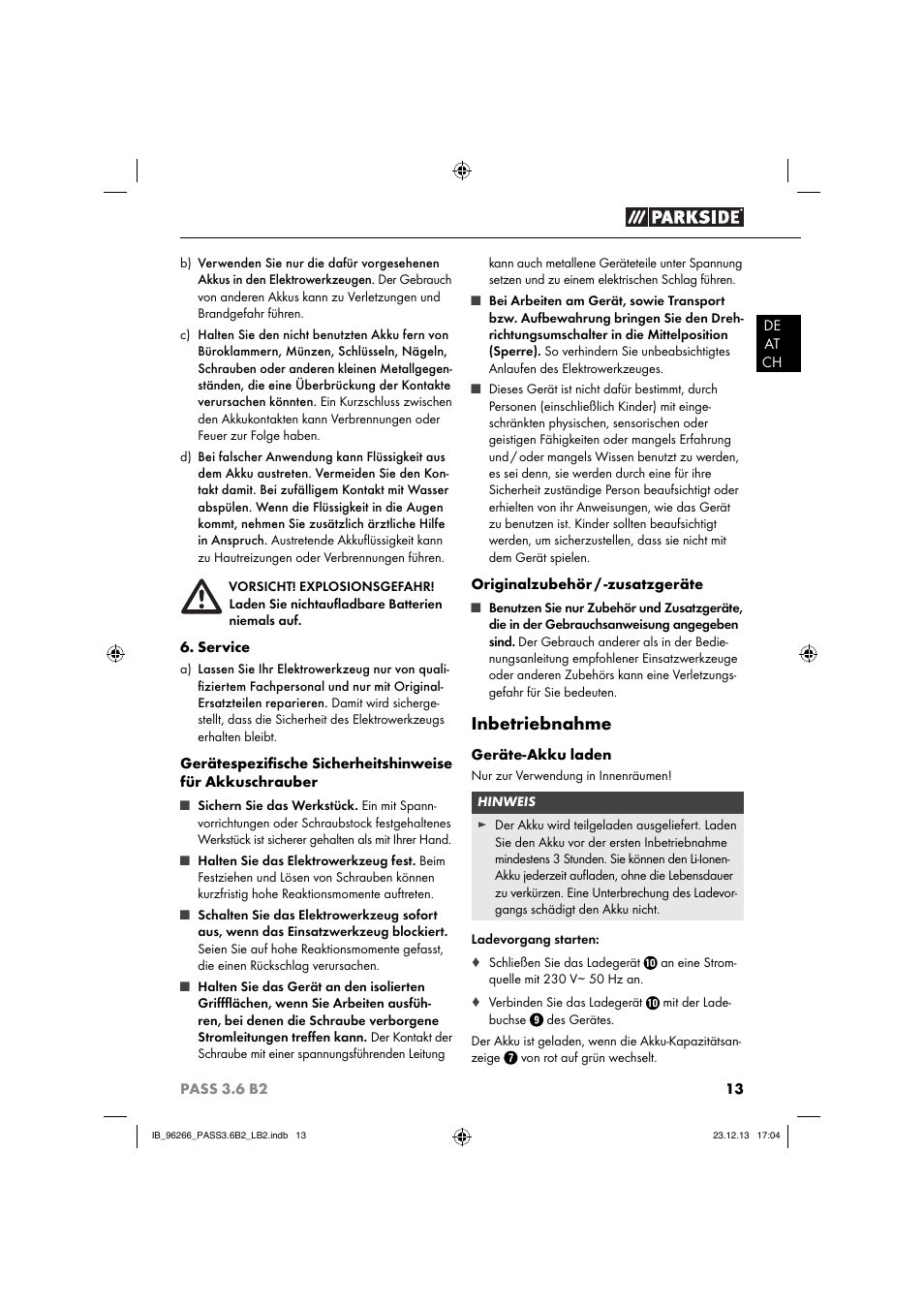 Inbetriebnahme | Parkside PASS 3.6 B2 User Manual | Page 16 / 28