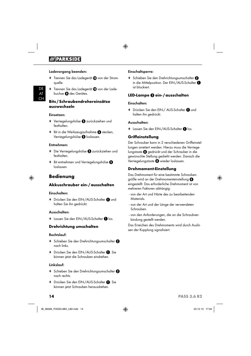 Bedienung | Parkside PASS 3.6 B2 User Manual | Page 17 / 28