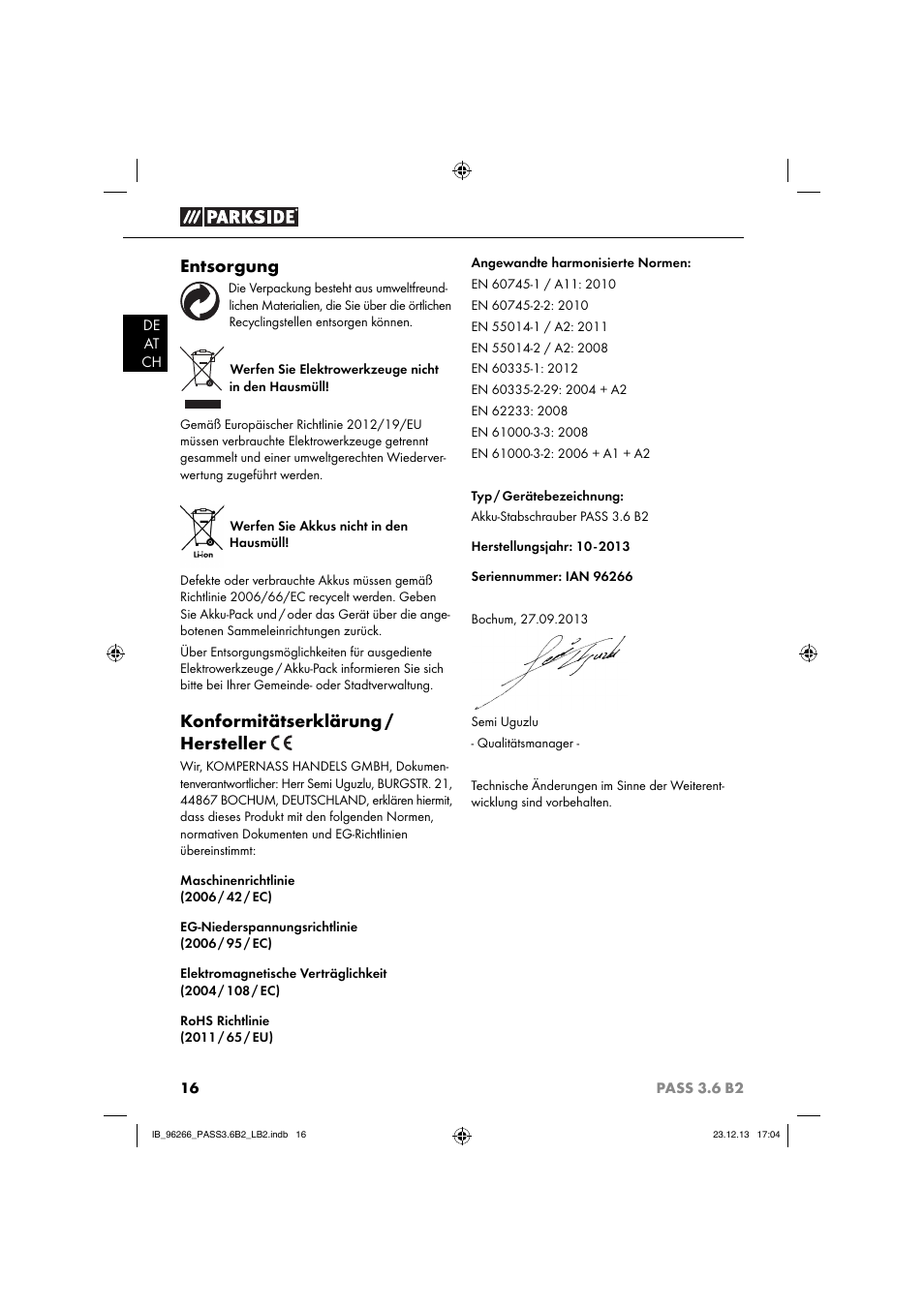 Entsorgung, Konformitätserklärung / hersteller | Parkside PASS 3.6 B2 User Manual | Page 19 / 28