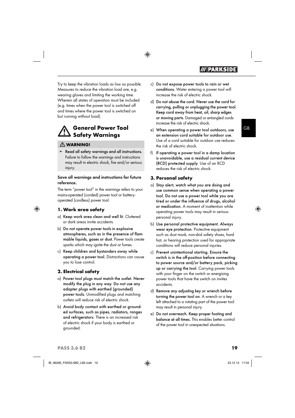 General power tool safety warnings | Parkside PASS 3.6 B2 User Manual | Page 22 / 28