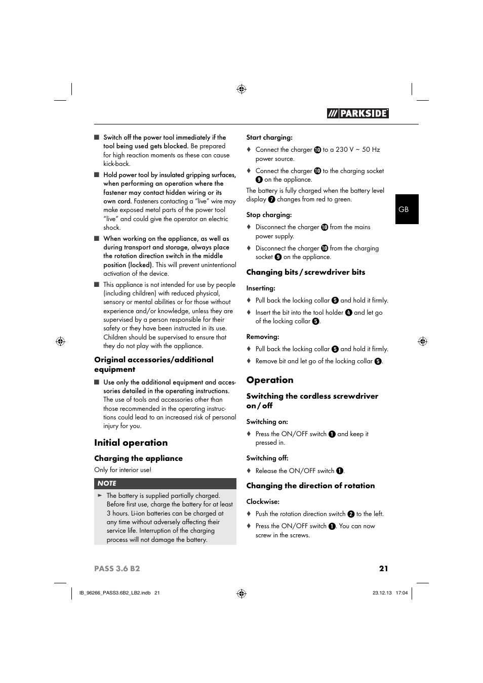 Initial operation, Operation | Parkside PASS 3.6 B2 User Manual | Page 24 / 28