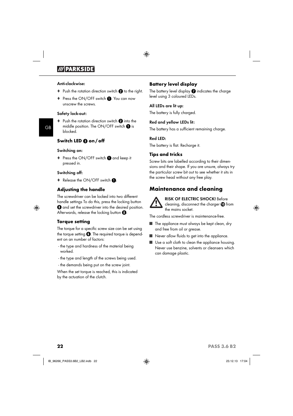 Maintenance and cleaning | Parkside PASS 3.6 B2 User Manual | Page 25 / 28