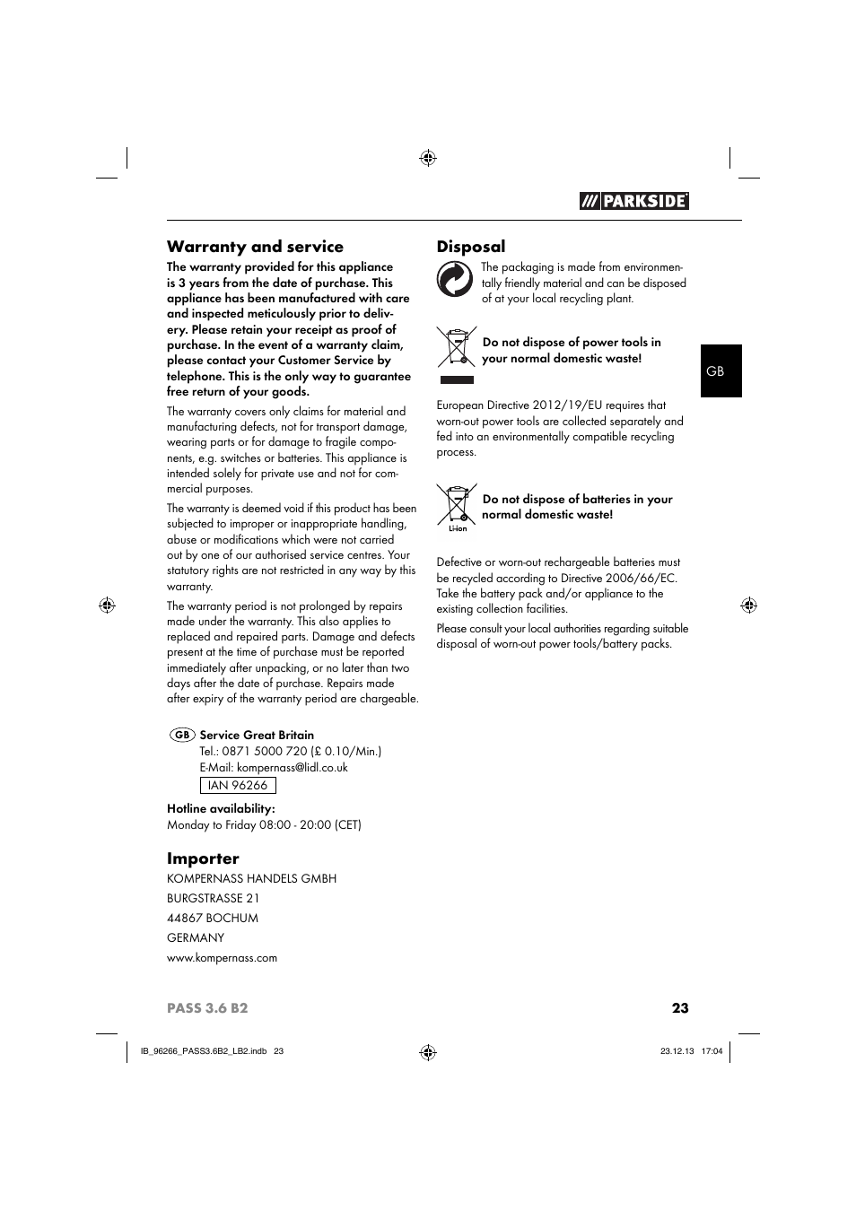 Warranty and service, Importer, Disposal | Parkside PASS 3.6 B2 User Manual | Page 26 / 28