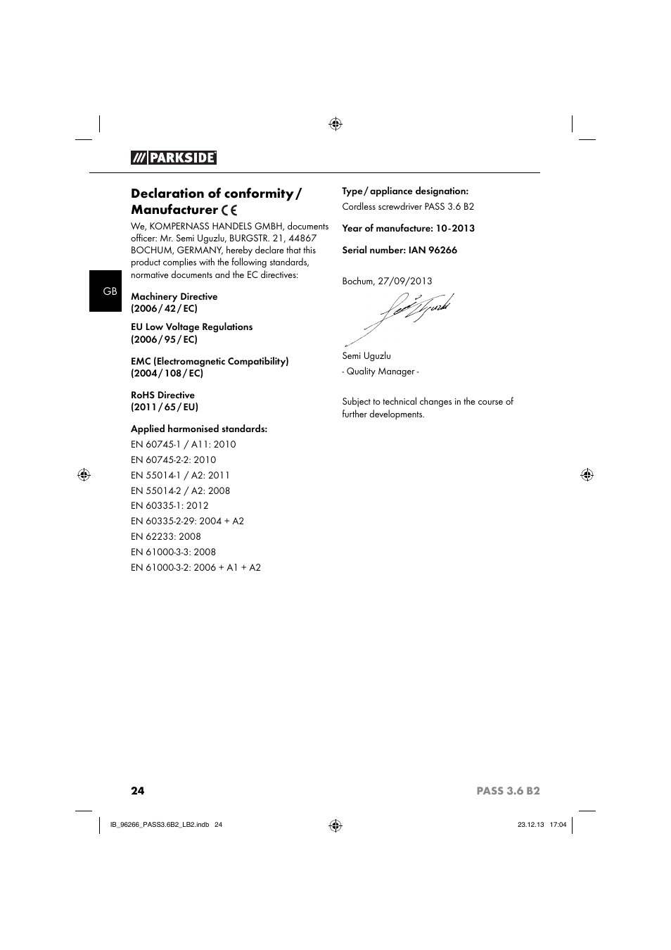 Declaration of conformity / manufacturer | Parkside PASS 3.6 B2 User Manual | Page 27 / 28