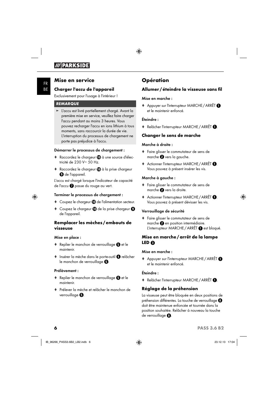 Mise en service, Opération | Parkside PASS 3.6 B2 User Manual | Page 9 / 28