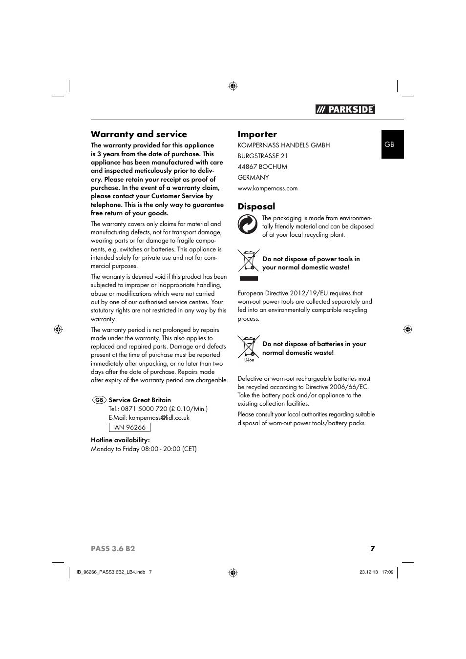 Warranty and service, Importer, Disposal | Parkside PASS 3.6 B2 User Manual | Page 10 / 62