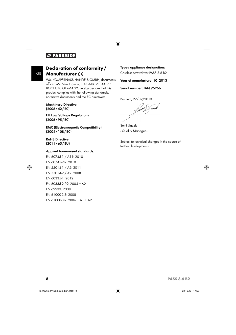 Declaration of conformity / manufacturer | Parkside PASS 3.6 B2 User Manual | Page 11 / 62