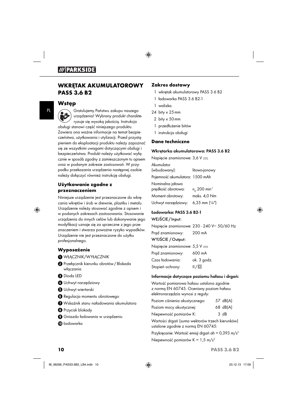 Wkrętak akumulatorowy pass 3.6 b2 wstęp | Parkside PASS 3.6 B2 User Manual | Page 13 / 62