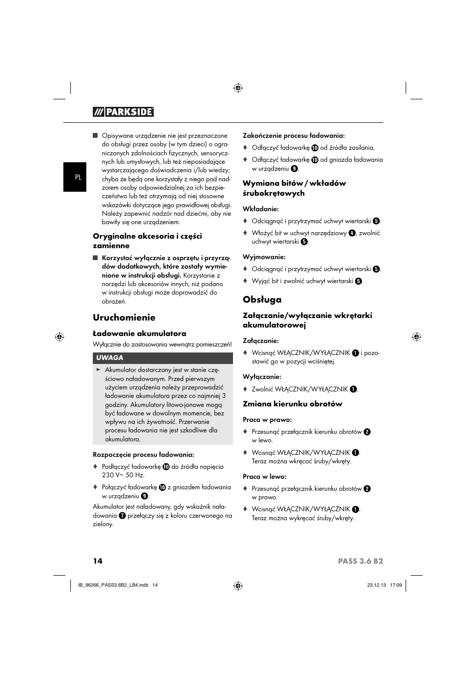 Uruchomienie, Obsługa | Parkside PASS 3.6 B2 User Manual | Page 17 / 62