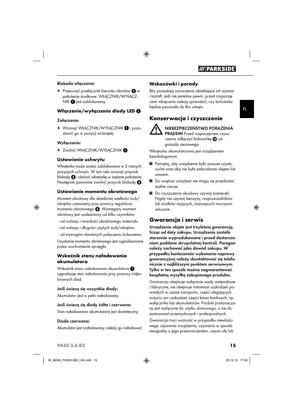 Konserwacja i czyszczenie, Gwarancja i serwis | Parkside PASS 3.6 B2 User Manual | Page 18 / 62