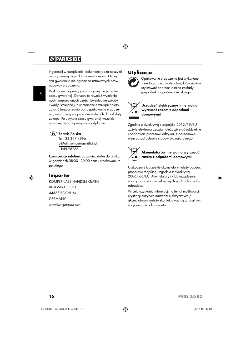 Importer, Utylizacja | Parkside PASS 3.6 B2 User Manual | Page 19 / 62