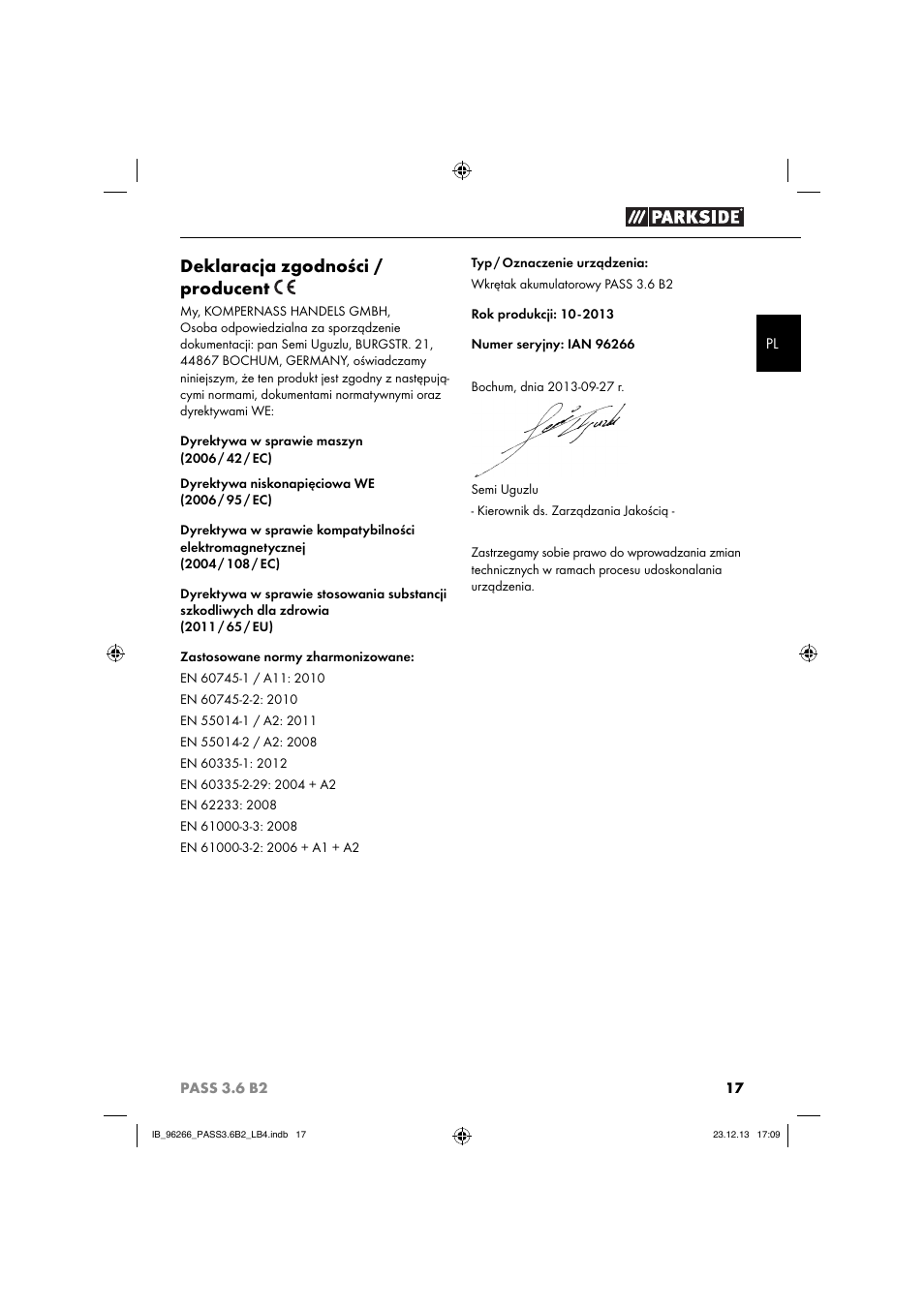 Deklaracja zgodności / producent | Parkside PASS 3.6 B2 User Manual | Page 20 / 62