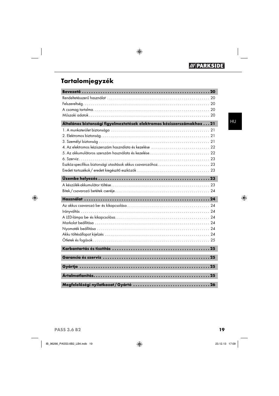 Tartalomjegyzék | Parkside PASS 3.6 B2 User Manual | Page 22 / 62